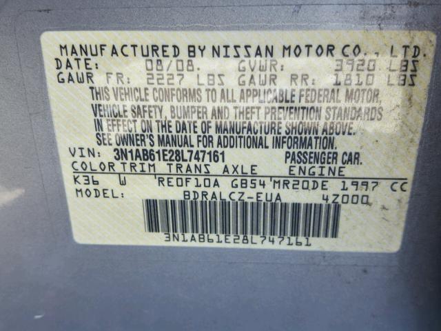 3N1AB61E28L747161 - 2008 NISSAN SENTRA 2.0 GRAY photo 10