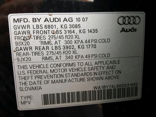 WA1BY74L68D031685 - 2008 AUDI Q7 3.6 QUA BLACK photo 10