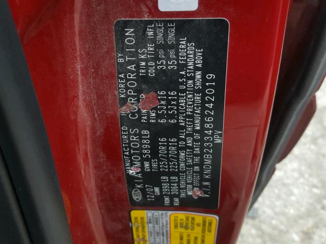 KNDMB233486242019 - 2008 KIA SEDONA EX RED photo 10