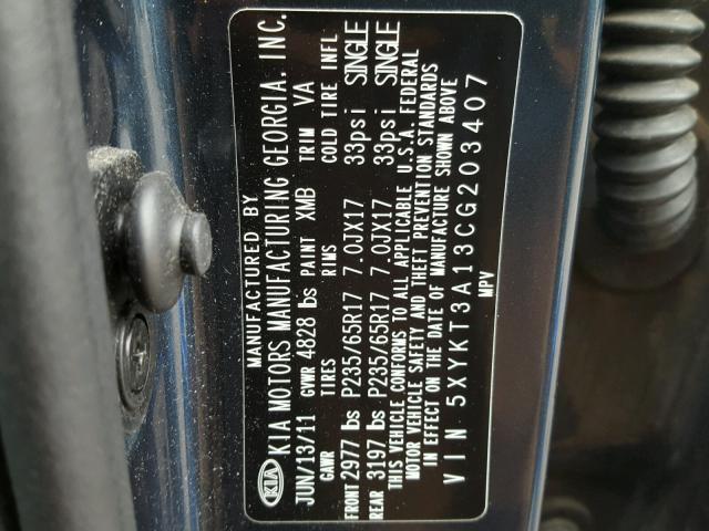 5XYKT3A13CG203407 - 2012 KIA SORENTO BA BLUE photo 10