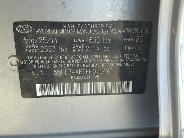 5NPE34AB6FH070490 - 2015 HYUNDAI SONATA SPO GRAY photo 10