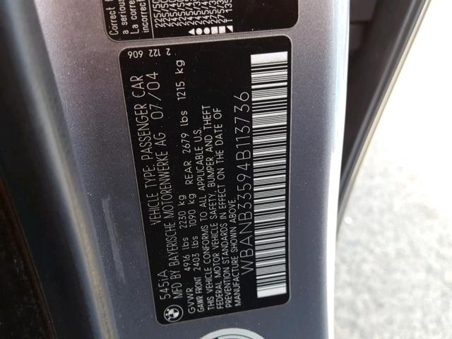 WBANB33594B113736 - 2004 BMW 545 I SILVER photo 10