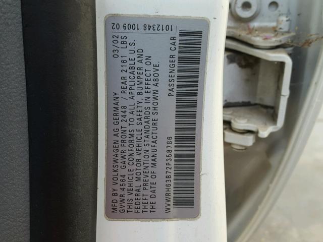 WVWRH63B72P358786 - 2002 VOLKSWAGEN PASSAT GLX 白色 照片 10