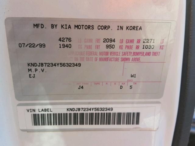 KNDJB7234Y5632349 - 2000 KIA SPORTAGE WHITE photo 10