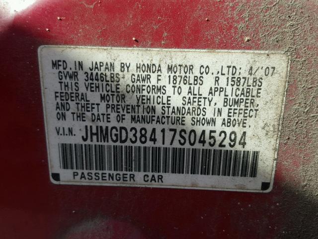 JHMGD38417S045294 - 2007 HONDA FIT RED photo 10