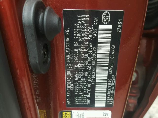 4T1BE32K15U089082 - 2005 TOYOTA CAMRY LE ბურგუნდია ფოტო 10