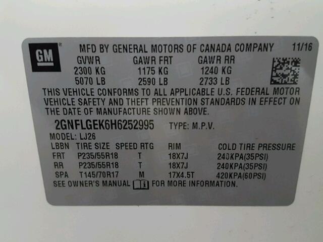 2GNFLGEK6H6252995 - 2017 CHEVROLET EQUINOX PR WHITE photo 10