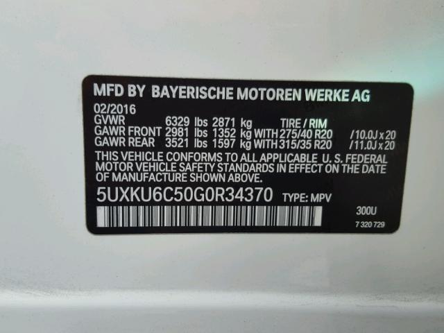 5UXKU6C50G0R34370 - 2016 BMW X6 XDRIVE5 WHITE photo 10