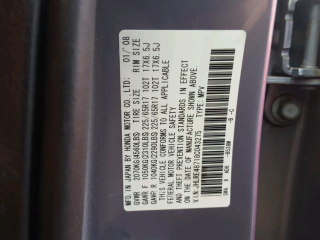 JHLRE48718C043275 - 2008 HONDA CR-V EXL BLUE photo 10