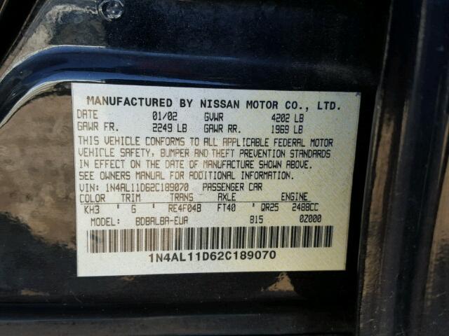 1N4AL11D62C189070 - 2002 NISSAN ALTIMA BAS BLACK photo 10