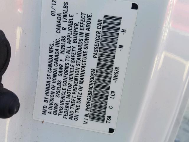 2HGFG3B84CH530628 - 2012 HONDA CIVIC EX WHITE photo 10