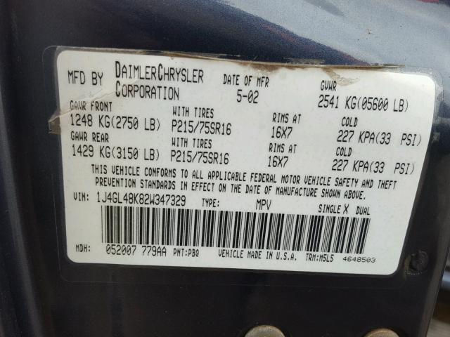 1J4GL48K82W347329 - 2002 JEEP LIBERTY SP BLUE photo 10