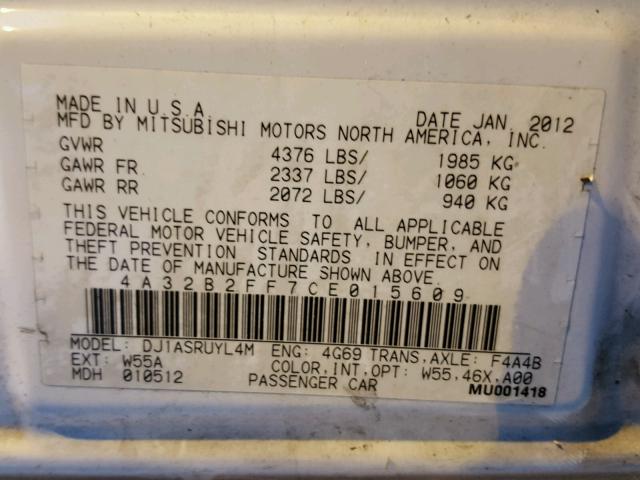 4A32B2FF7CE015609 - 2012 MITSUBISHI GALANT FE WHITE photo 10