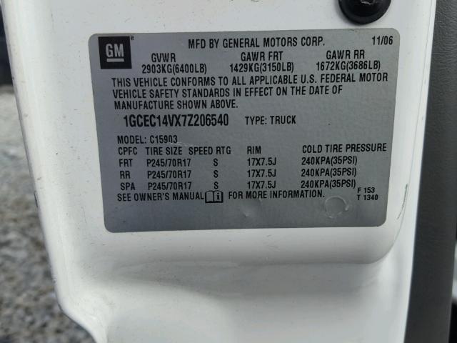 1GCEC14VX7Z206540 - 2007 CHEVROLET SILVERADO WHITE photo 10