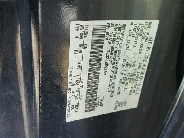 1FMFU18L53LB52759 - 2003 FORD EXPEDITION BLACK photo 10