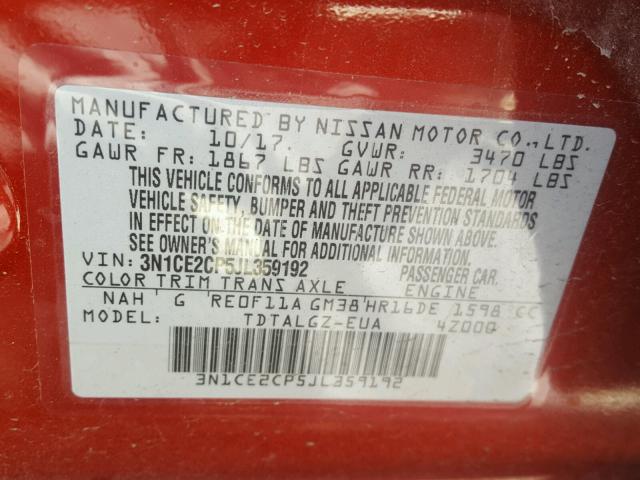 3N1CE2CP5JL359192 - 2018 NISSAN VERSA NOTE RED photo 10