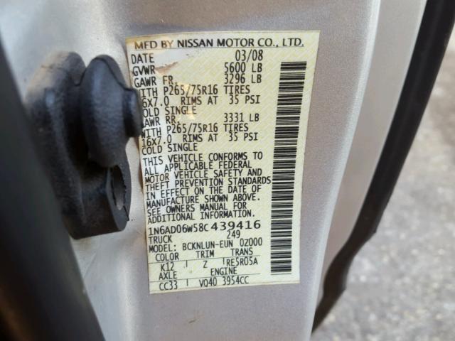 1N6AD06W58C439416 - 2008 NISSAN FRONTIER K SILVER photo 10