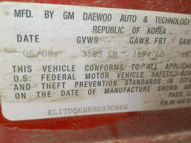 KL1TD56E89B330866 - 2009 CHEVROLET AVEO LS RED photo 10