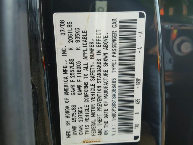 1HGCP36818A086465 - 2008 HONDA ACCORD EXL BLACK photo 10