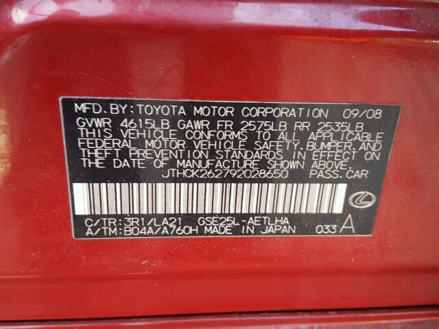 JTHCK262792028650 - 2009 LEXUS IS 250 RED photo 10