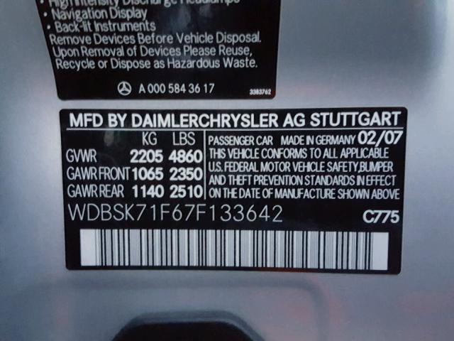 WDBSK71F67F133642 - 2007 MERCEDES-BENZ SL 550 SILVER photo 10