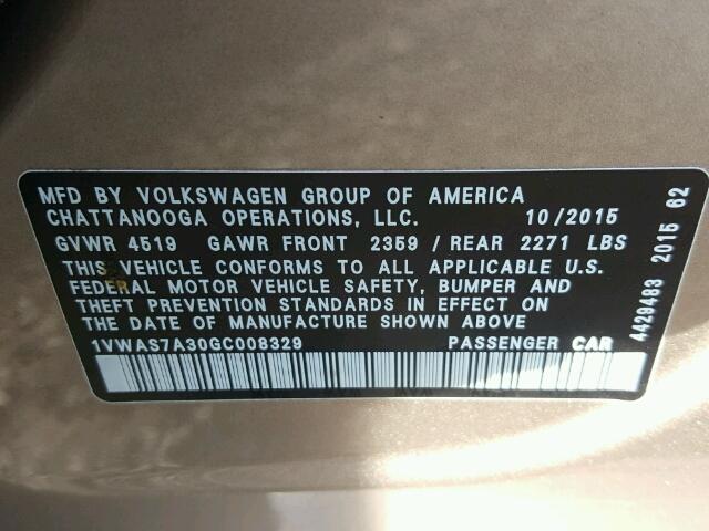 1VWAS7A30GC008329 - 2016 VOLKSWAGEN PASSAT S بيج صورة 10