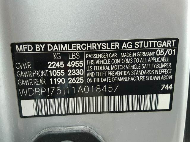 WDBPJ75J11A018457 - 2001 MERCEDES-BENZ CL 500 SILVER photo 10