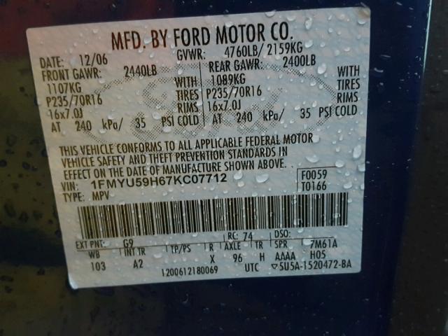 1FMYU59H67KC07712 - 2007 FORD ESCAPE HEV BLUE photo 10