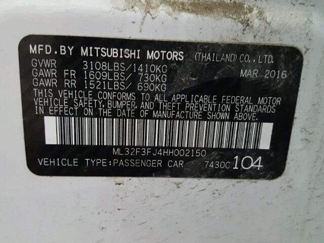 ML32F3FJ4HH002150 - 2017 MITSUBISHI MIRAGE G4 WHITE photo 10