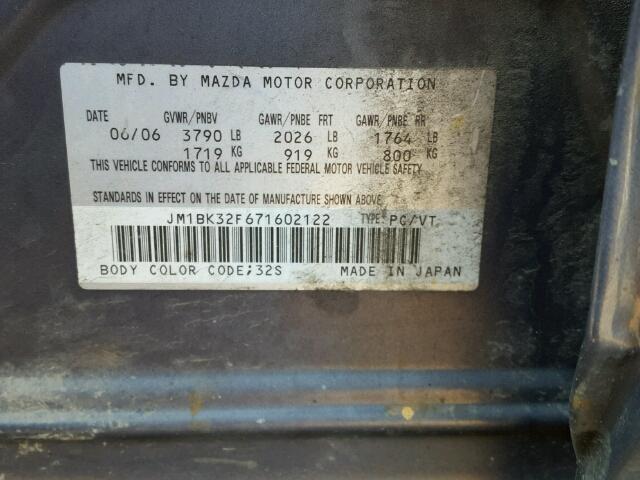 JM1BK32F671602122 - 2007 MAZDA 3 I GRAY photo 10