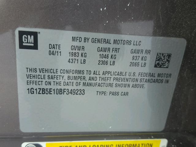1G1ZB5E10BF349233 - 2011 CHEVROLET MALIBU LS ყავისფერი ფოტო 10