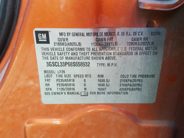 3GSCL33P68S658932 - 2008 SATURN VUE XE ORANGE photo 10