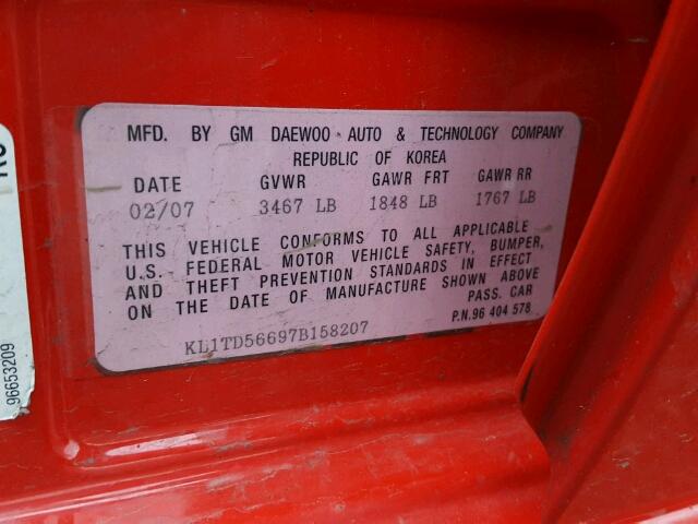 KL1TD56697B158207 - 2007 CHEVROLET AVEO BASE წითელი ფოტო 10