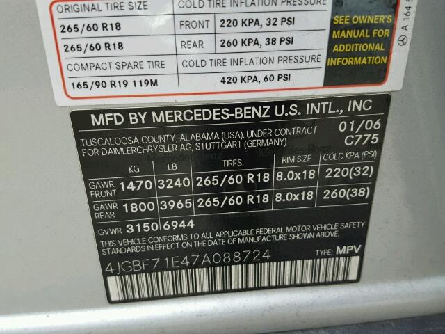 4JGBF71E47A088724 - 2007 MERCEDES-BENZ GL 450 4MA SILVER photo 10