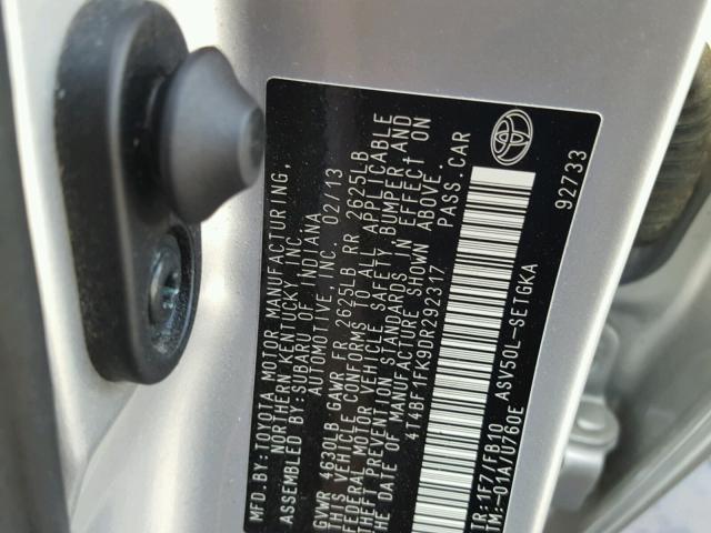 4T4BF1FK9DR292317 - 2013 TOYOTA CAMRY L SILVER photo 10