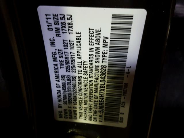 5J6RE4H7XBL043628 - 2011 HONDA CR-V EXL 灰色 照片 10