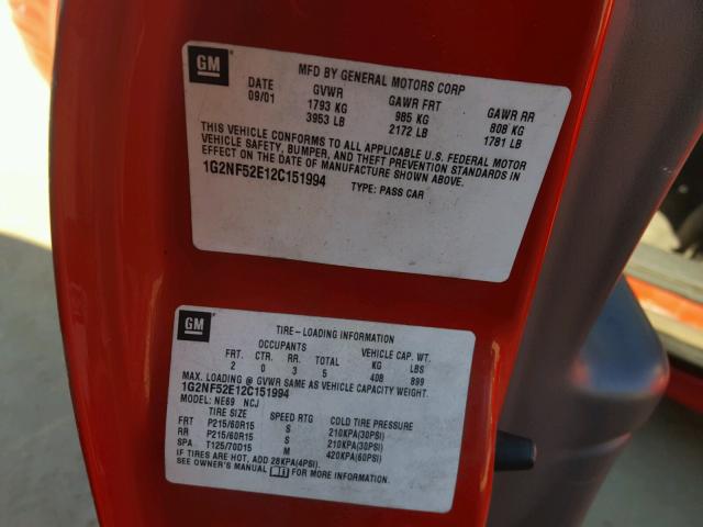 1G2NF52E12C151994 - 2002 PONTIAC GRAND AM S 红色 照片 10