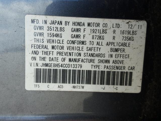 JHMGE8H54CC013379 - 2012 HONDA FIT SPORT GRAY photo 10