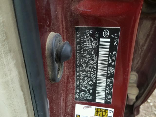 JTDKB20U040018070 - 2004 TOYOTA PRIUS RED photo 10