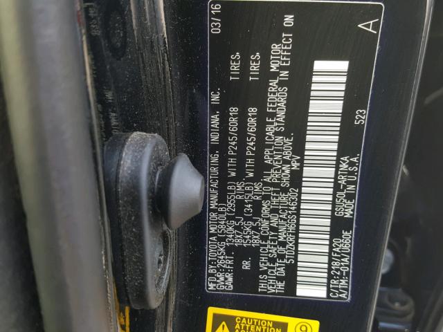 5TDZKRFH6GS146302 - 2016 TOYOTA HIGHLANDER BLACK photo 10