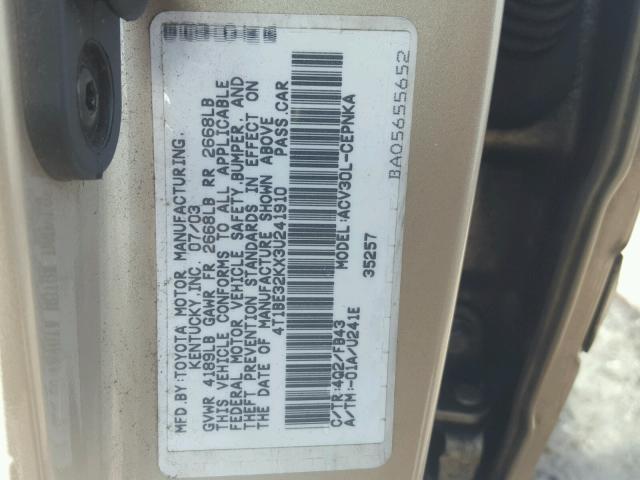 4T1BE32KX3U241910 - 2003 TOYOTA CAMRY LE GOLD photo 10