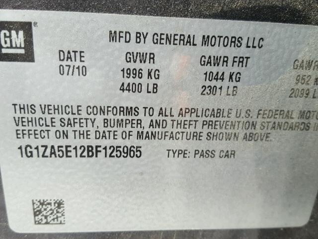 1G1ZA5E12BF125965 - 2011 CHEVROLET MALIBU LS CHARCOAL photo 10