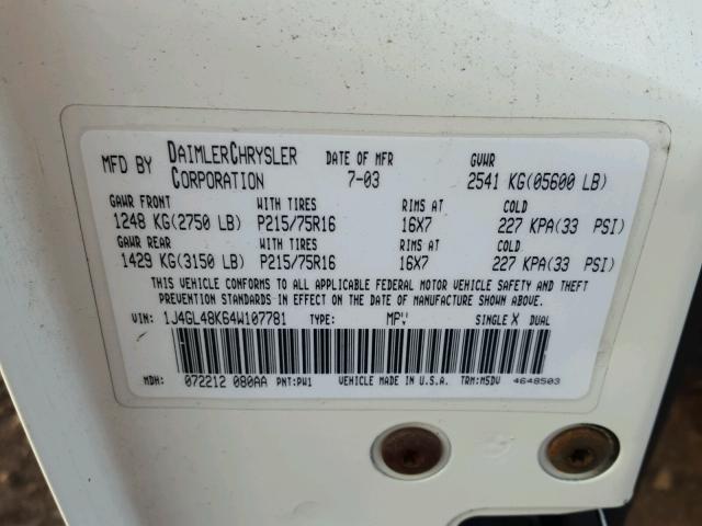 1J4GL48K64W107781 - 2004 JEEP LIBERTY SP WHITE photo 10