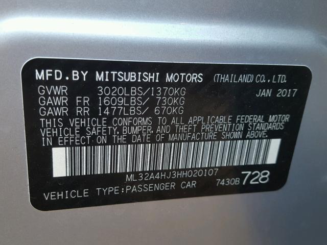 ML32A4HJ3HH020107 - 2017 MITSUBISHI MIRAGE SE SILVER photo 10