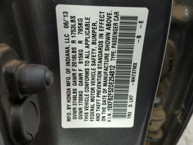 19XFB2F52DE254812 - 2013 HONDA CIVIC LX GRAY photo 10