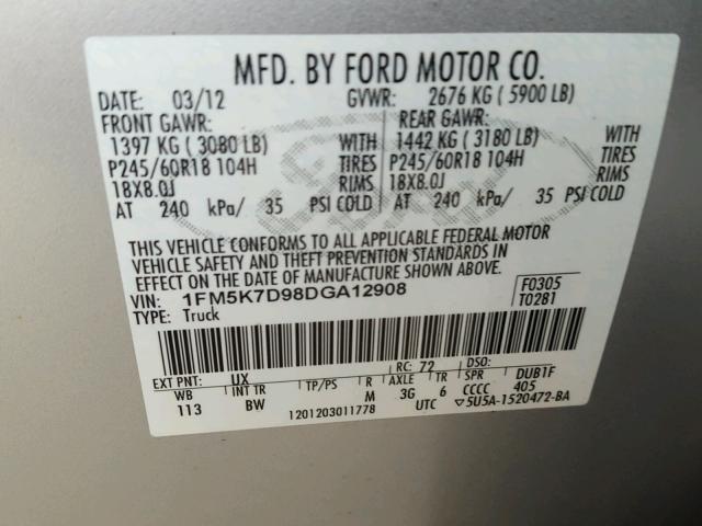 1FM5K7D98DGA12908 - 2013 FORD EXPLORER X SILVER photo 10