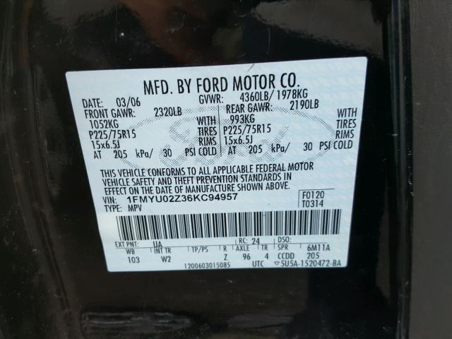 1FMYU02Z36KC94957 - 2006 FORD ESCAPE XLS BLACK photo 10