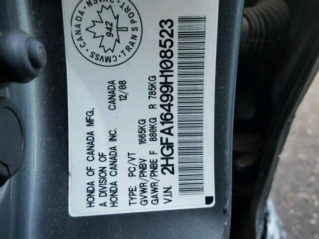 2HGFA16499H108523 - 2009 HONDA CIVIC DX-G GRAY photo 10