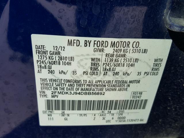 2FMDK3J94DBB56892 - 2013 FORD EDGE SEL BLUE photo 10