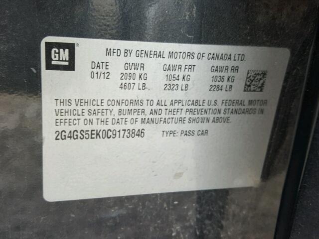 2G4GS5EK0C9173846 - 2012 BUICK REGAL PREM CHARCOAL photo 10